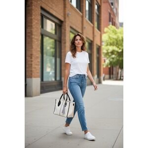 Antonio Melani Ivory Linen And Black And Ivory Leather Tote Purse Handbag NWOT